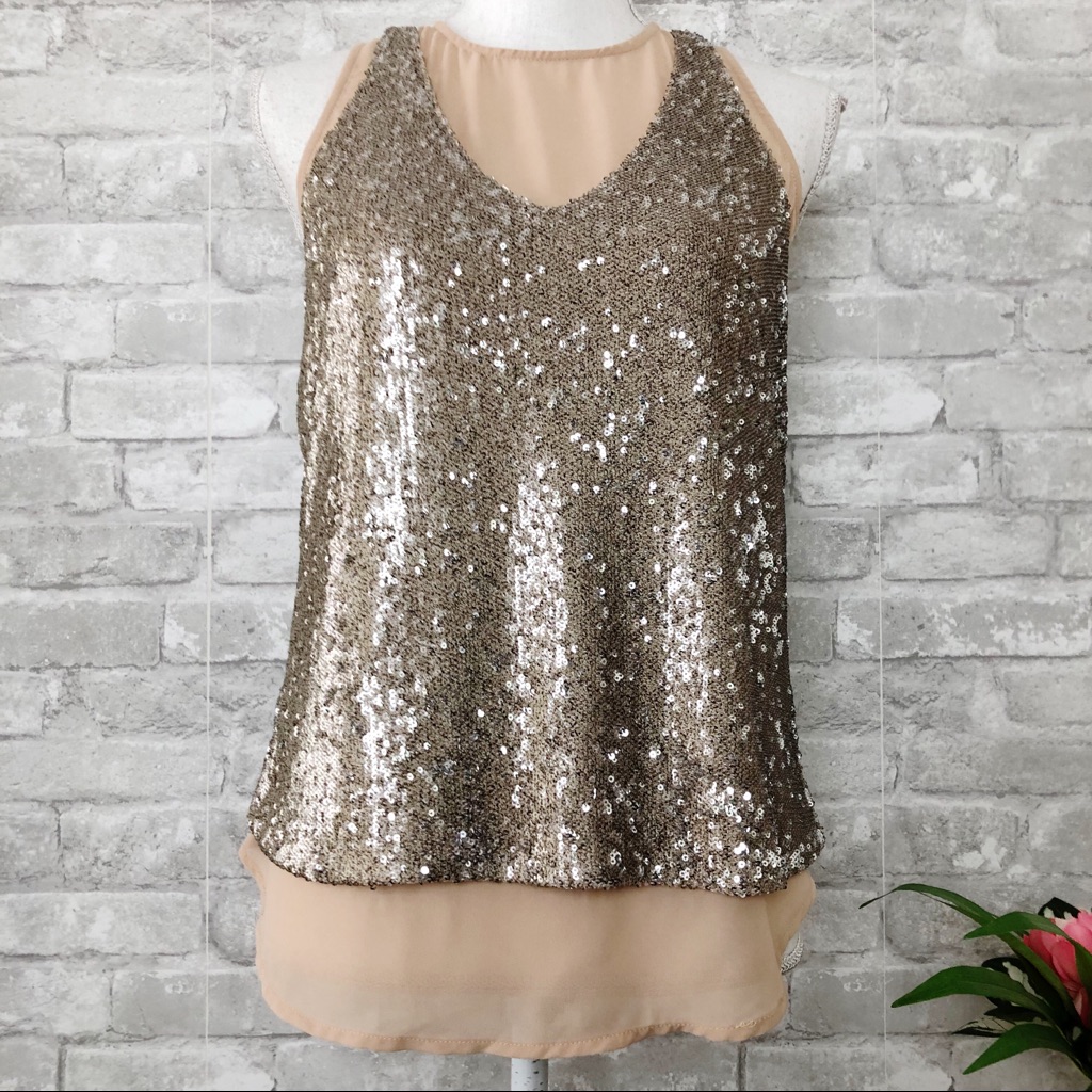Greylin Women's Eka Champagne Sequin Twofer Tank Top Size Small